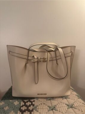 Michael Kors Cream Pebbled Leather Tote with Belt Detail